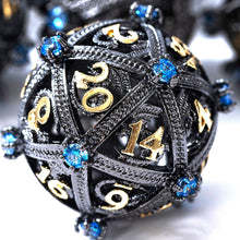 Load image into Gallery viewer, Metal DND Dice Set - Unique Jeweled Dragon Hoard Orb Design BLACK_GOLD_BLUE