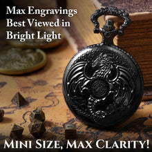 Load image into Gallery viewer, Micro Metal Dice Set for DND - MiniChrono’s Tiny Dice in a Dragon-Engraved Pocket Watch Case (Black + Bronze Dice)