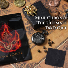 Load image into Gallery viewer, Micro Metal Dice Set for DND - MiniChrono’s Tiny Dice in a Dragon-Engraved Pocket Watch Case (Black + Bronze Dice)