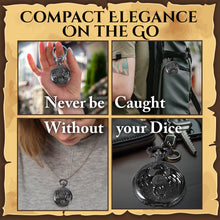 Load image into Gallery viewer, Micro Metal Dice Set for DND - MiniChrono’s Tiny Dice in a Dragon-Engraved Pocket Watch Case (Black + Bronze Dice)