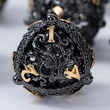 Load image into Gallery viewer, Unique 7-Piece Round Hollow Orb Metal Dice Set - Cthulhu Design (Black Gold) Black Gold
