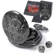 Load image into Gallery viewer, Micro Metal Dice Set for DND - MiniChrono’s Tiny Dice in a Dragon-Engraved Pocket Watch Case Black + Iron Dice