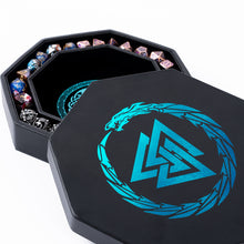 Load image into Gallery viewer, DND Dice Tray 3 Interlocked Triangles (Valknut) and Dragon Design (ALL VARIATIONS) Blue