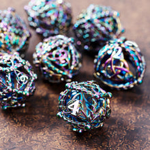 Load image into Gallery viewer, Unique 7-Piece Round Hollow Orb Metal Dice Set - Celtic Knot Design (Rainbow White)