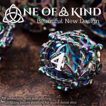 Load image into Gallery viewer, Unique 7-Piece Round Hollow Orb Metal Dice Set - Celtic Knot Design (Rainbow White)