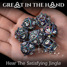 Load image into Gallery viewer, Unique 7-Piece Round Hollow Orb Metal Dice Set - Celtic Knot Design (Rainbow White)