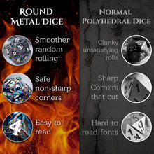 Load image into Gallery viewer, Unique 7-Piece Round Hollow Orb Metal Dice Set - Celtic Knot Design (Rainbow White)