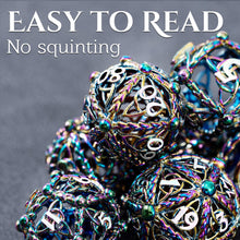 Load image into Gallery viewer, Unique 7-Piece Round Hollow Orb Metal Dice Set - Celtic Knot Design (Rainbow White)