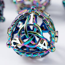 Load image into Gallery viewer, Unique 7-Piece Round Hollow Orb Metal Dice Set - Celtic Knot Design Rainbow White