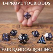 Load image into Gallery viewer, Beautiful Gunmetal Blue Glitter Cracks Metal Dice Set