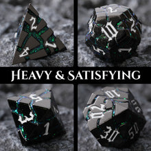 Load image into Gallery viewer, Beautiful Gunmetal Green Glitter Cracks Metal Dice Set
