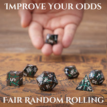 Load image into Gallery viewer, Beautiful Gunmetal Green Glitter Cracks Metal Dice Set