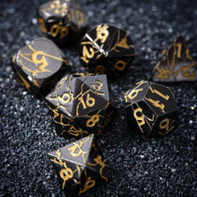 Load image into Gallery viewer, Shiny Black Gunmetal and Gold Cracked Metal Dice Set