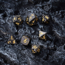 Load image into Gallery viewer, Shiny Black Gunmetal and Gold Cracked Metal Dice Set