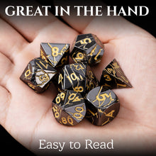 Load image into Gallery viewer, Shiny Black Gunmetal and Gold Cracked Metal Dice Set