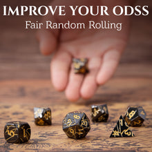 Load image into Gallery viewer, Shiny Black Gunmetal and Gold Cracked Metal Dice Set