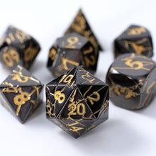 Load image into Gallery viewer, Shiny Black Gunmetal and Gold Cracked Metal Dice Set
