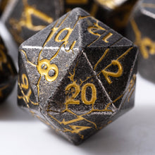 Load image into Gallery viewer, Polyhedral Metal Dice Set for DND - Crack Design (All Variations) Distressed Iron Gold Crack
