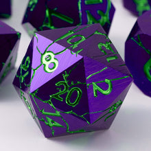 Load image into Gallery viewer, Polyhedral Metal Dice Set for DND - Crack Design (All Variations) Purple With Green Cracks