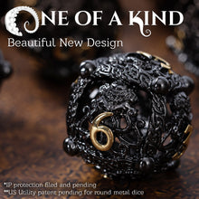 Load image into Gallery viewer, Unique 7-Piece Round Hollow Orb Metal Dice Set - Cthulhu Design (Black Gold)