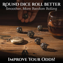 Load image into Gallery viewer, Unique 7-Piece Round Hollow Orb Metal Dice Set - Cthulhu Design (Black Gold)