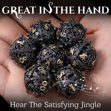 Load image into Gallery viewer, Unique 7-Piece Round Hollow Orb Metal Dice Set - Cthulhu Design (Black Gold)