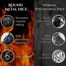 Load image into Gallery viewer, Unique 7-Piece Round Hollow Orb Metal Dice Set - Cthulhu Design (Black Gold)