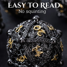 Load image into Gallery viewer, Unique 7-Piece Round Hollow Orb Metal Dice Set - Cthulhu Design (Black Gold)