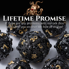Load image into Gallery viewer, Unique 7-Piece Round Hollow Orb Metal Dice Set - Cthulhu Design (Black Gold)