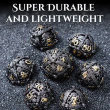 Load image into Gallery viewer, Unique 7-Piece Round Hollow Orb Metal Dice Set - Cthulhu Design (Black Gold)