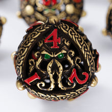 Load image into Gallery viewer, Unique 7-Piece Round Hollow Orb Metal Dice Set - Cthulhu Design Bronze Red