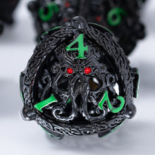 Load image into Gallery viewer, Unique 7-Piece Round Hollow Orb Metal Dice Set - Cthulhu Design Green