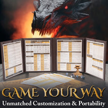 Load image into Gallery viewer, DND DM Screen with 4 Wider Panels - Embossed Faux Leather Celtic Knot & Dragon Design - Dungeon Master Screen with Clear Pockets (Dark Brown)