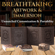 Load image into Gallery viewer, DND DM Screen with 4 Wider Panels - Embossed Faux Leather Celtic Knot & Dragon Design - Dungeon Master Screen with Clear Pockets (Dark Brown)