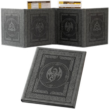 Load image into Gallery viewer, DND DM Screen with 4 Wider Panels - Embossed Faux Leather Celtic Knot & Dragon Design - Dungeon Master Screen with Clear Pockets (Black) Black