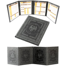 Load image into Gallery viewer, DND DM Screen with 4 Wider Panels - Embossed Faux Leather Celtic Knot & Dragon Design - Dungeon Master Screen with Clear Pockets (Black)