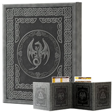 Load image into Gallery viewer, DND DM Screen with 4 Wider Panels - Embossed Faux Leather Celtic Knot & Dragon Design - Dungeon Master Screen with Clear Pockets (Black)