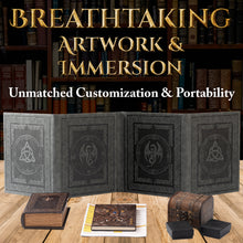 Load image into Gallery viewer, DND DM Screen with 4 Wider Panels - Embossed Faux Leather Celtic Knot & Dragon Design - Dungeon Master Screen with Clear Pockets (Black)