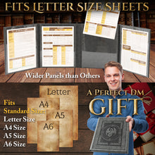 Load image into Gallery viewer, DND DM Screen with 4 Wider Panels - Embossed Faux Leather Celtic Knot & Dragon Design - Dungeon Master Screen with Clear Pockets (Black)