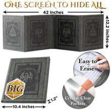 Load image into Gallery viewer, DND DM Screen with 4 Wider Panels - Embossed Faux Leather Celtic Knot & Dragon Design - Dungeon Master Screen with Clear Pockets (Black)