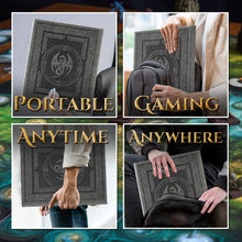 Load image into Gallery viewer, DND DM Screen with 4 Wider Panels - Embossed Faux Leather Celtic Knot & Dragon Design - Dungeon Master Screen with Clear Pockets (Black)