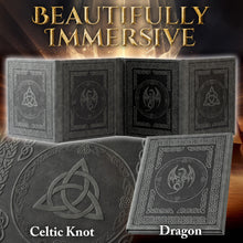 Load image into Gallery viewer, DND DM Screen with 4 Wider Panels - Embossed Faux Leather Celtic Knot & Dragon Design - Dungeon Master Screen with Clear Pockets (Black)