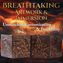 Load image into Gallery viewer, DND DM Screen with 4 Wider Panels - 3D Faux Leather Panoramic Battle Scene - Dungeon Master Screen with Clear Pockets