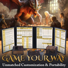 Load image into Gallery viewer, DND DM Screen with 4 Wider Panels - 3D Faux Leather Panoramic Battle Scene - Dungeon Master Screen with Clear Pockets