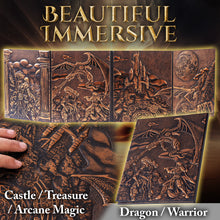 Load image into Gallery viewer, DND DM Screen with 4 Wider Panels - 3D Faux Leather Panoramic Battle Scene - Dungeon Master Screen with Clear Pockets