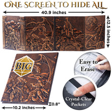 Load image into Gallery viewer, DND DM Screen with 4 Wider Panels - 3D Faux Leather Panoramic Battle Scene - Dungeon Master Screen with Clear Pockets