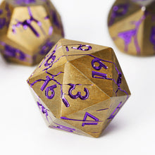 Load image into Gallery viewer, Polyhedral Metal Dice Set for DND - Crack Design (All Variations) Gold and Purple Cracks