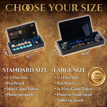 Load image into Gallery viewer, Dice Sanctum Dice Box - L-Size Version - Premium Case & Dice Tray for DND - Phone/Pen Slot, Magnetic Lid and Storage for your Sets, Mini's and More - Felt-Lined Vault Holder for D&D and RPG (Large Blue)