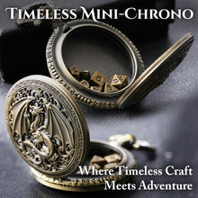 Load image into Gallery viewer, Micro Metal Dice Set for DND - MiniChrono’s Tiny Dice in Hollow Dragon Pocketwatch Case