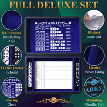 Load image into Gallery viewer, Deluxe Farkle Dice Tray and Storage - Elegant Faux Leather Travel Case with Score Sheets, 2 Sets of Dice, QR Guide & Velvet Lined Rolling Arena for Many Family and Classic Dice Games